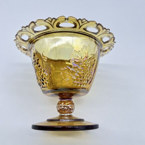 VTG 70s Indiana Amber Glass Carnival Autumn Harvest Grape Candy Jelly Dish w/Lid - Picture 9 of 11